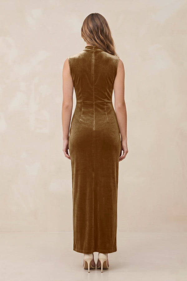 High Neck Sheath Velvet Bridesmaid Dress With Slit in Bronzer - KISS BRIDAL Bridesmaid Dresses