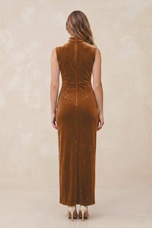High Neck Sheath Velvet Bridesmaid Dress With Slit in Brown - KISS BRIDAL Bridesmaid Dresses