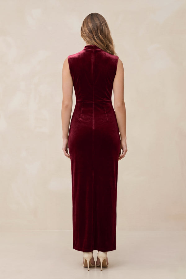 High Neck Sheath Velvet Bridesmaid Dress With Slit in Burgundy - KISS BRIDAL Bridesmaid Dresses
