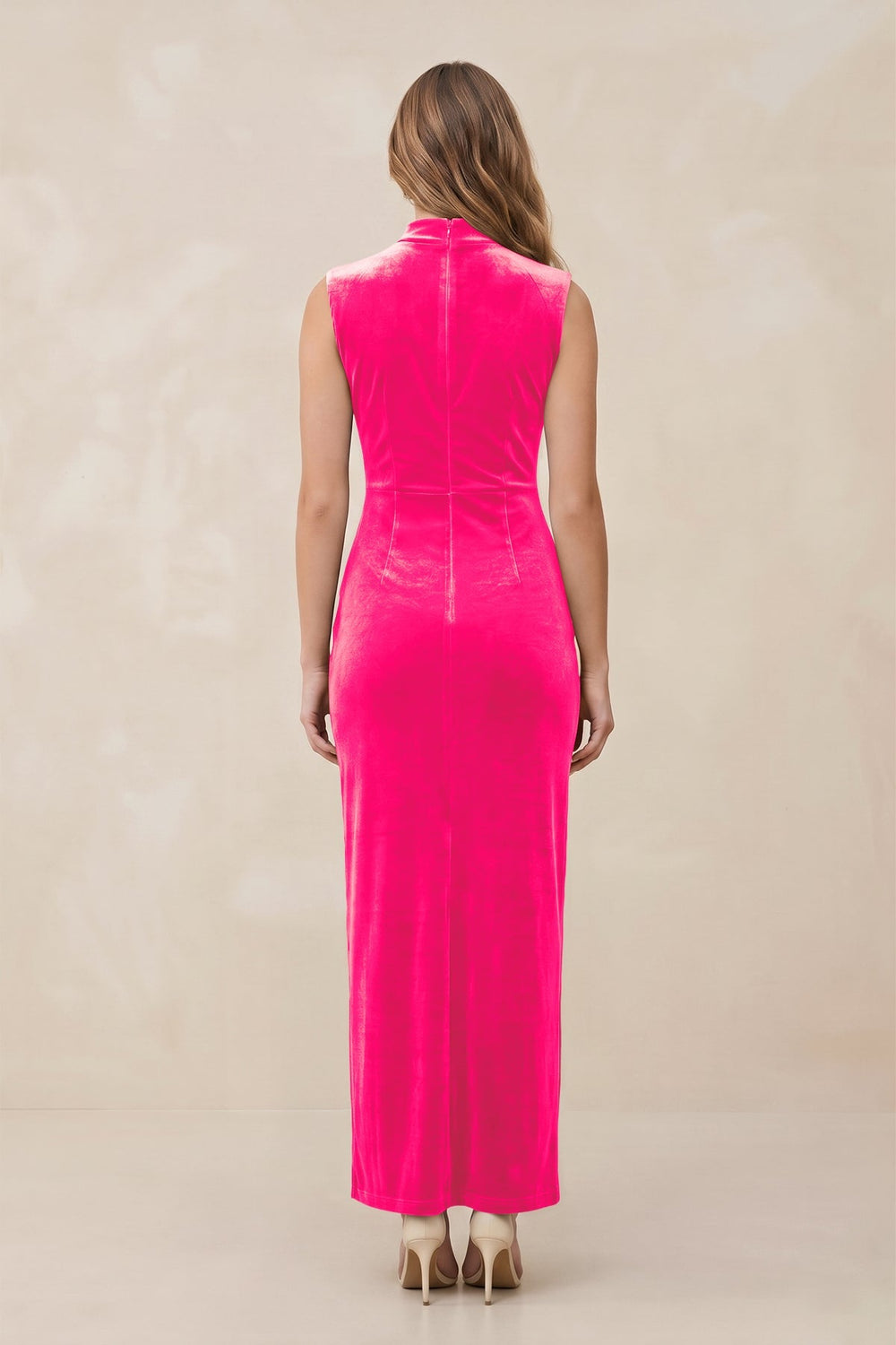 High Neck Sheath Velvet Bridesmaid Dress With Slit in Candy Pink - KISS BRIDAL Bridesmaid Dresses