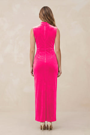High Neck Sheath Velvet Bridesmaid Dress With Slit in Candy Pink - KISS BRIDAL Bridesmaid Dresses