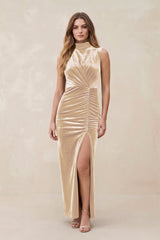 High Neck Sheath Velvet Bridesmaid Dress With Slit in Champagne - KISS BRIDAL Bridesmaid Dresses