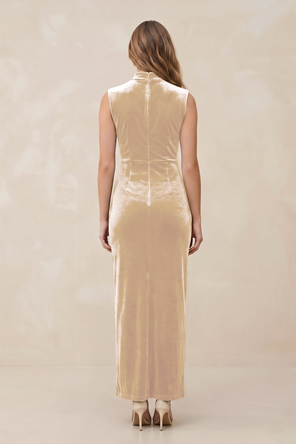 High Neck Sheath Velvet Bridesmaid Dress With Slit in Champagne - KISS BRIDAL Bridesmaid Dresses