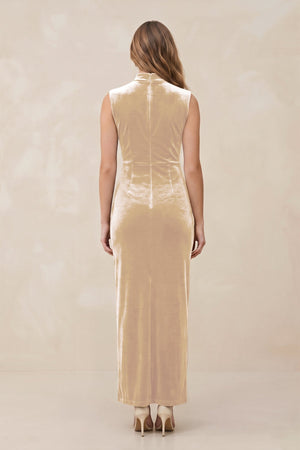 High Neck Sheath Velvet Bridesmaid Dress With Slit in Champagne - KISS BRIDAL Bridesmaid Dresses