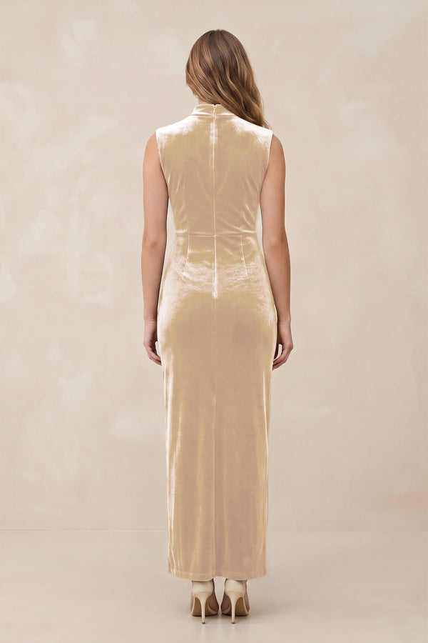 High Neck Sheath Velvet Bridesmaid Dress With Slit in Champagne - KISS BRIDAL Bridesmaid Dresses