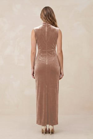 High Neck Sheath Velvet Bridesmaid Dress With Slit in Champagne Rose - KISS BRIDAL Bridesmaid Dresses