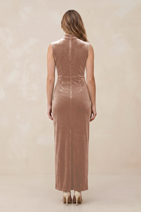 High Neck Sheath Velvet Bridesmaid Dress With Slit in Champagne Rose - KISS BRIDAL Bridesmaid Dresses