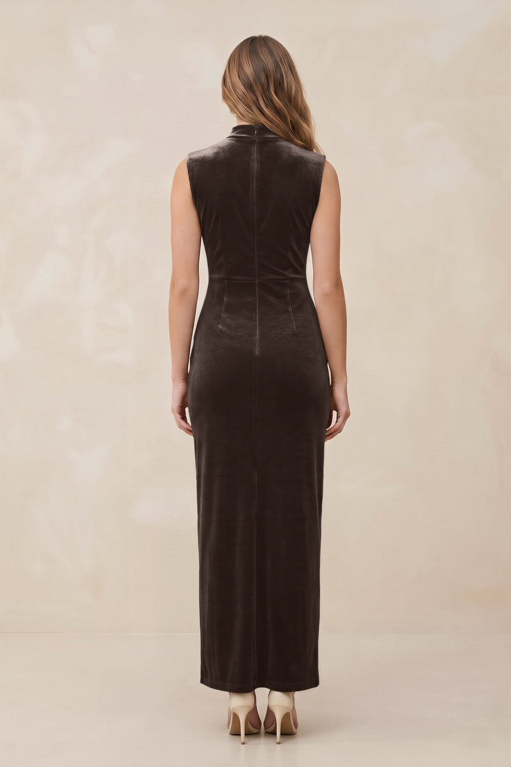 High Neck Sheath Velvet Bridesmaid Dress With Slit in Chocolate - KISS BRIDAL Bridesmaid Dresses