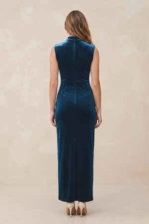 High Neck Sheath Velvet Bridesmaid Dress With Slit in Dark Teal - KISS BRIDAL Bridesmaid Dresses