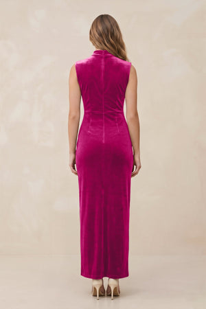 High Neck Sheath Velvet Bridesmaid Dress With Slit in Desert Rose - KISS BRIDAL Bridesmaid Dresses