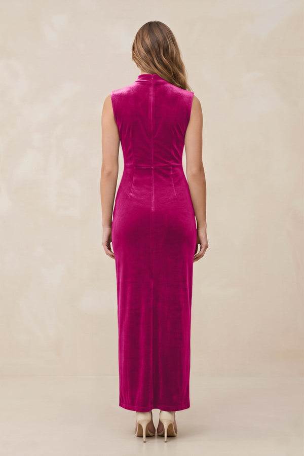 High Neck Sheath Velvet Bridesmaid Dress With Slit in Desert Rose - KISS BRIDAL Bridesmaid Dresses
