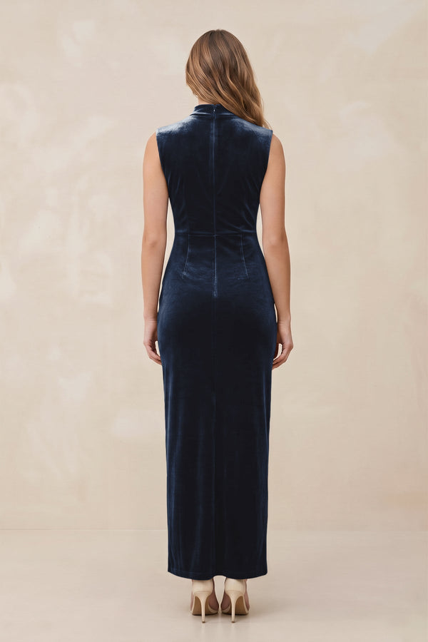 High Neck Sheath Velvet Bridesmaid Dress With Slit in Dusk Blue - KISS BRIDAL Bridesmaid Dresses