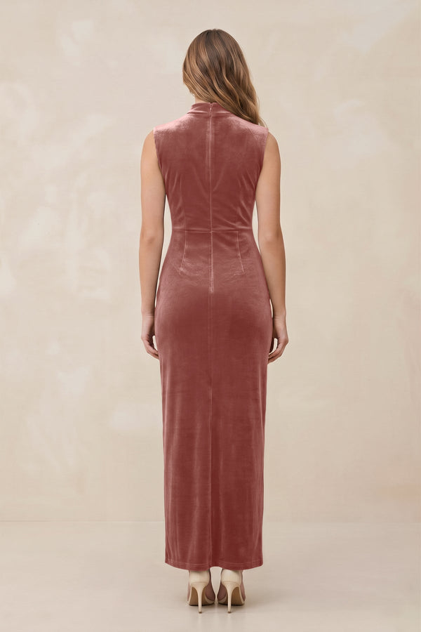High Neck Sheath Velvet Bridesmaid Dress With Slit in Dusty Rose - KISS BRIDAL Bridesmaid Dresses