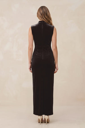 High Neck Sheath Velvet Bridesmaid Dress With Slit in Espresso - KISS BRIDAL Bridesmaid Dresses
