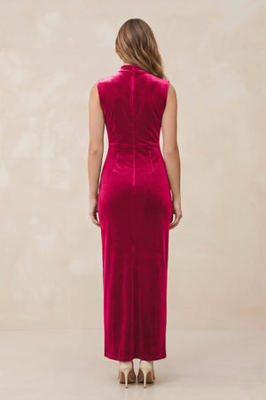 High Neck Sheath Velvet Bridesmaid Dress With Slit in Fuchsia - KISS BRIDAL Bridesmaid Dresses