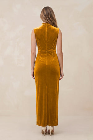 High Neck Sheath Velvet Bridesmaid Dress With Slit in Gold - KISS BRIDAL Bridesmaid Dresses