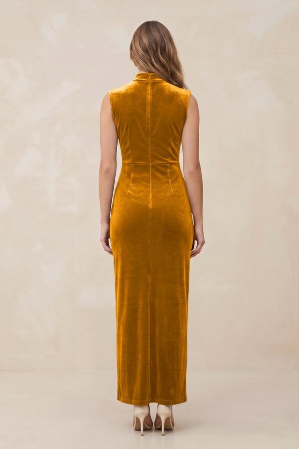 High Neck Sheath Velvet Bridesmaid Dress With Slit in Gold - KISS BRIDAL Bridesmaid Dresses