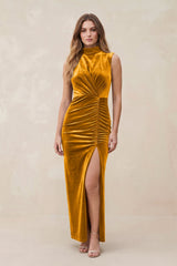 High Neck Sheath Velvet Bridesmaid Dress With Slit in Gold - KISS BRIDAL Bridesmaid Dresses