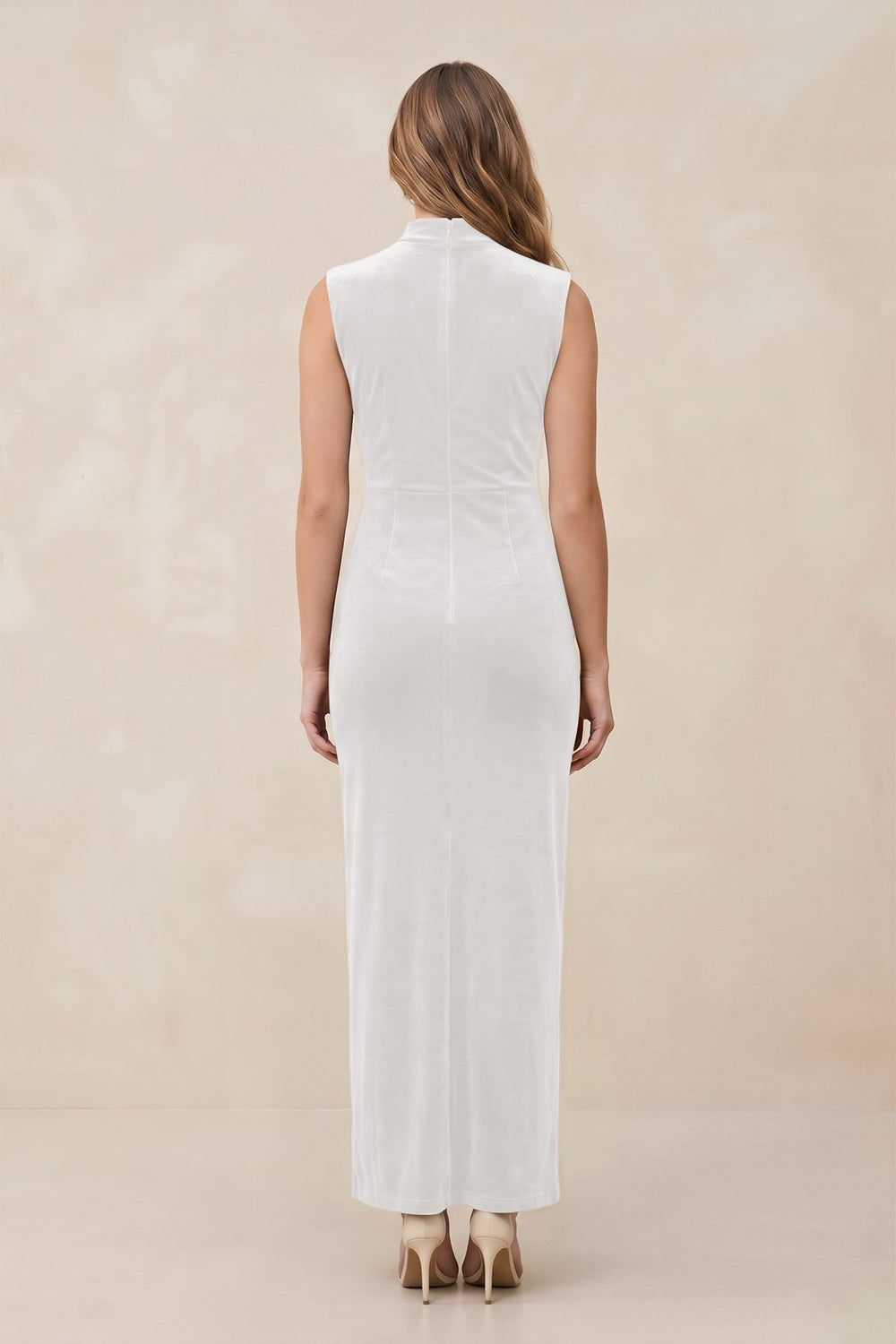 High Neck Sheath Velvet Bridesmaid Dress With Slit in Ivory - KISS BRIDAL Bridesmaid Dresses