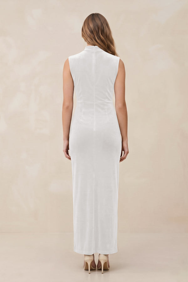 High Neck Sheath Velvet Bridesmaid Dress With Slit in Ivory - KISS BRIDAL Bridesmaid Dresses