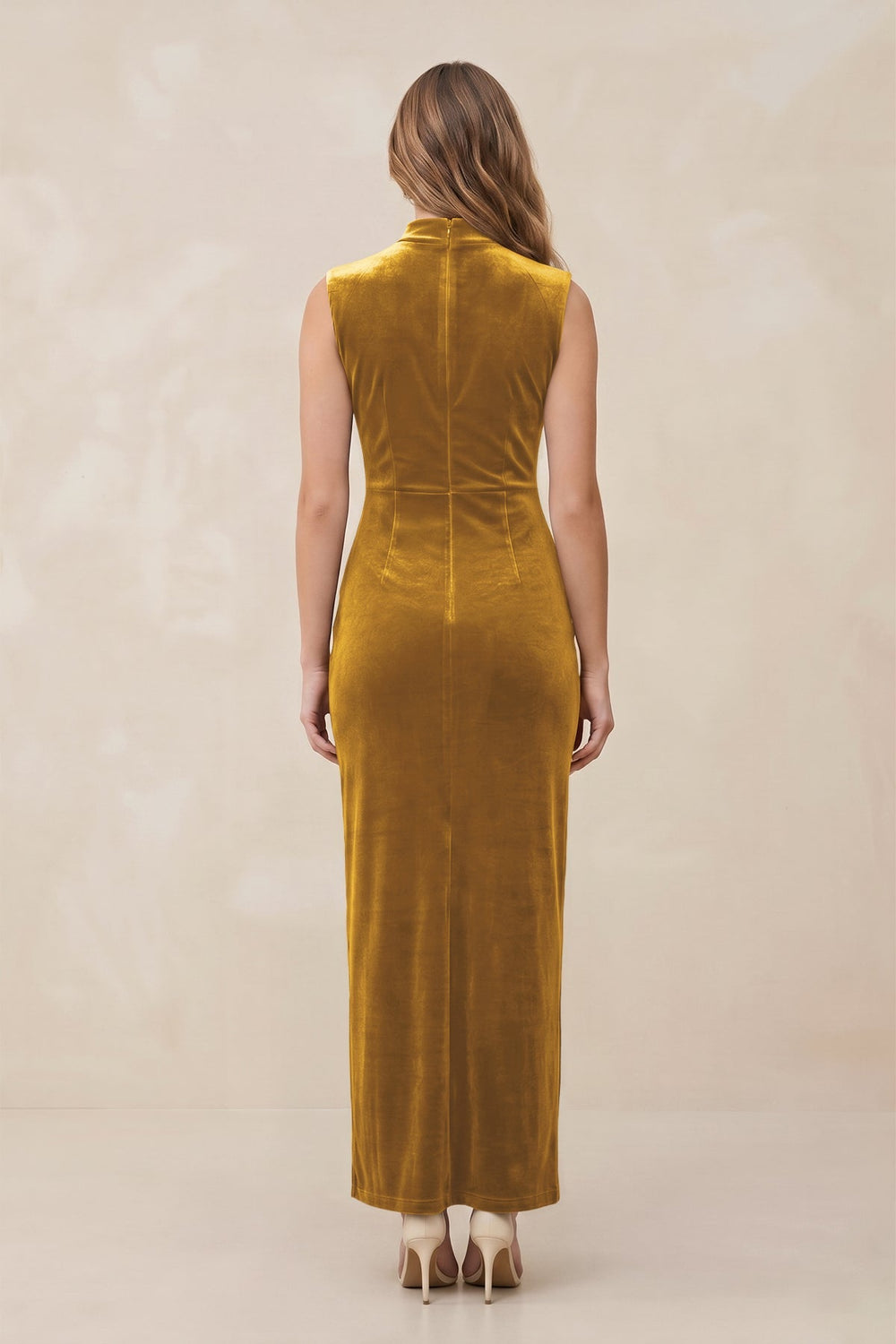 High Neck Sheath Velvet Bridesmaid Dress With Slit in Marigold - KISS BRIDAL Bridesmaid Dresses