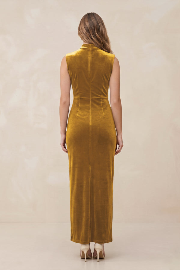 High Neck Sheath Velvet Bridesmaid Dress With Slit in Marigold - KISS BRIDAL Bridesmaid Dresses