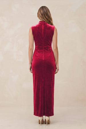 High Neck Sheath Velvet Bridesmaid Dress With Slit in Merlot - KISS BRIDAL Bridesmaid Dresses