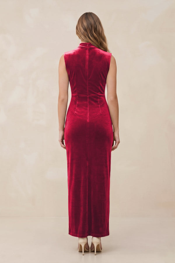 High Neck Sheath Velvet Bridesmaid Dress With Slit in Merlot - KISS BRIDAL Bridesmaid Dresses