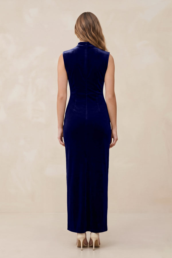 High Neck Sheath Velvet Bridesmaid Dress With Slit in Navy - KISS BRIDAL Bridesmaid Dresses