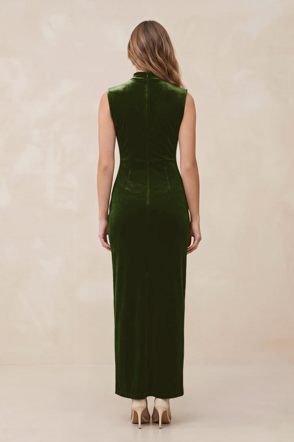 High Neck Sheath Velvet Bridesmaid Dress With Slit in Olive - KISS BRIDAL Bridesmaid Dresses