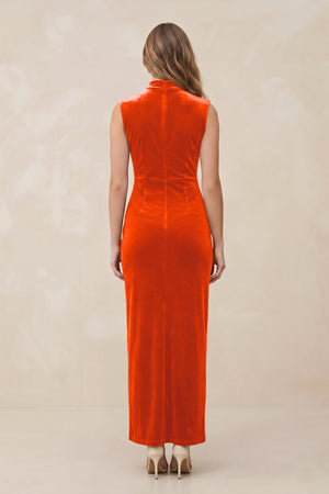 High Neck Sheath Velvet Bridesmaid Dress With Slit in Orange - KISS BRIDAL Bridesmaid Dresses