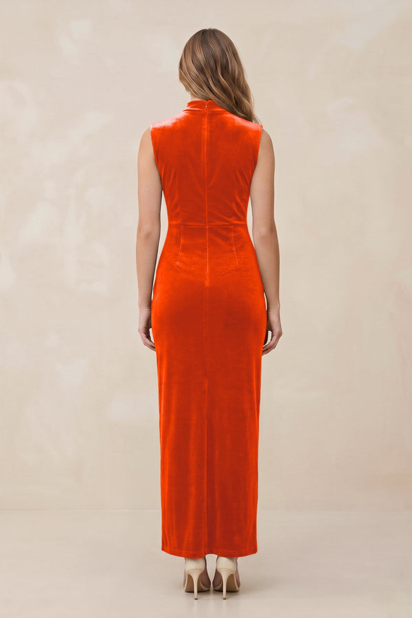 High Neck Sheath Velvet Bridesmaid Dress With Slit in Orange - KISS BRIDAL Bridesmaid Dresses