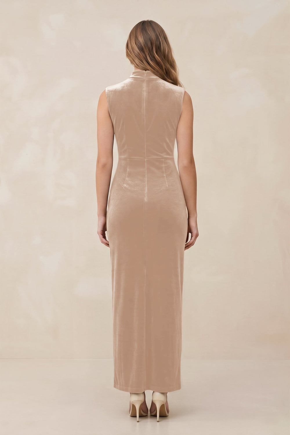 High Neck Sheath Velvet Bridesmaid Dress With Slit in Pale Blush - KISS BRIDAL Bridesmaid Dresses