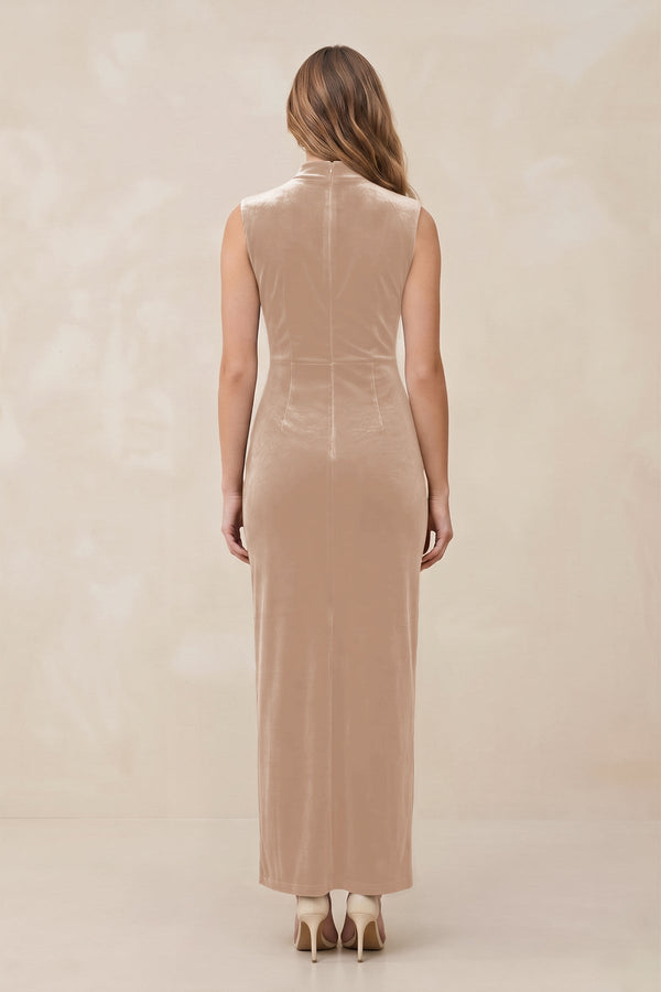 High Neck Sheath Velvet Bridesmaid Dress With Slit in Pale Blush - KISS BRIDAL Bridesmaid Dresses