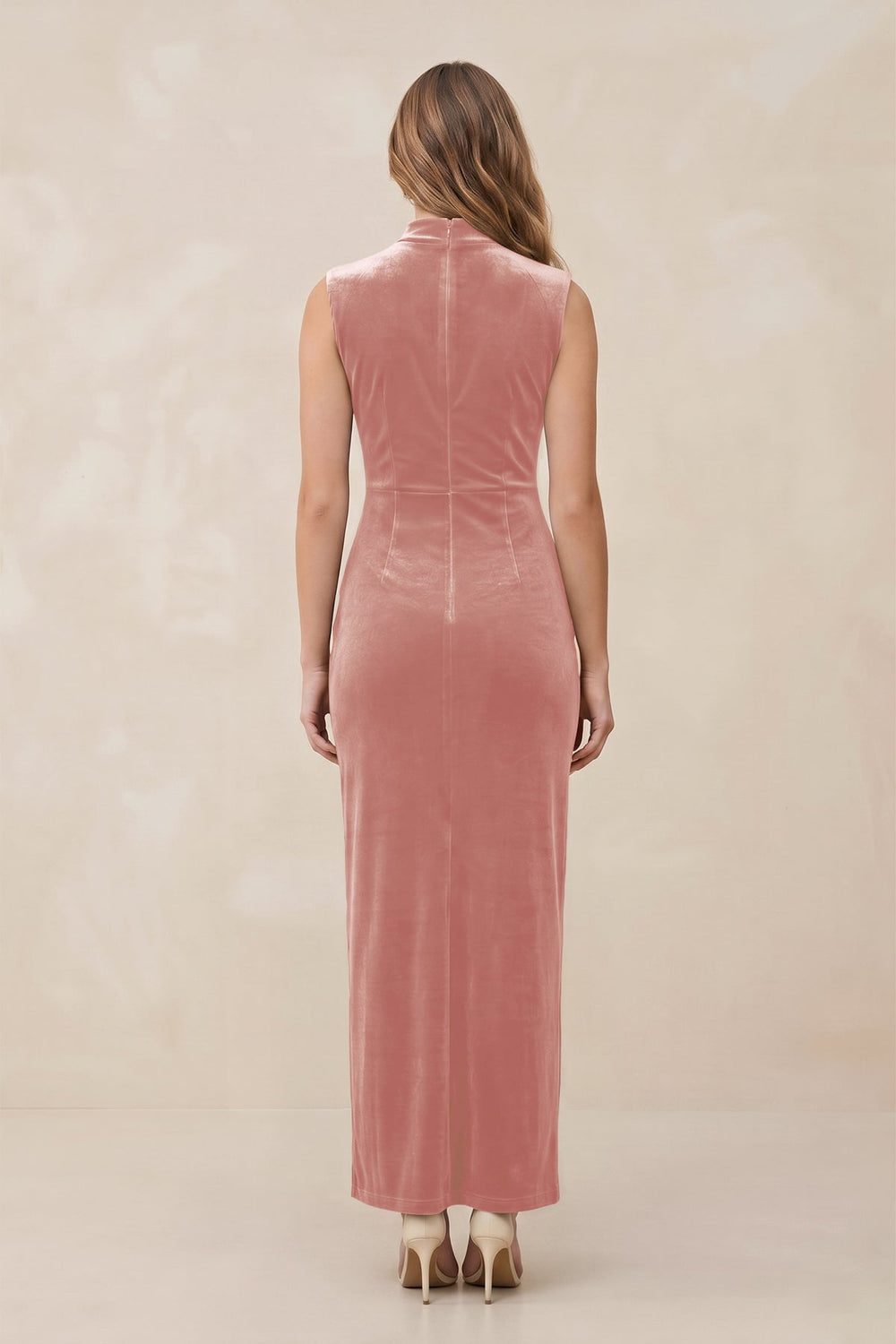 High Neck Sheath Velvet Bridesmaid Dress With Slit in Rose Petal - KISS BRIDAL Bridesmaid Dresses