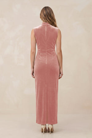 High Neck Sheath Velvet Bridesmaid Dress With Slit in Rose Petal - KISS BRIDAL Bridesmaid Dresses