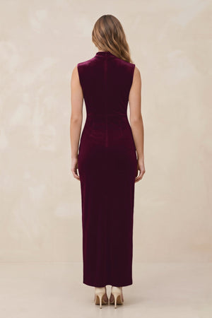 High Neck Sheath Velvet Bridesmaid Dress With Slit in Sangria - KISS BRIDAL Bridesmaid Dresses