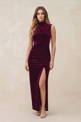 High Neck Sheath Velvet Bridesmaid Dress With Slit in Sangria - KISS BRIDAL Bridesmaid Dresses