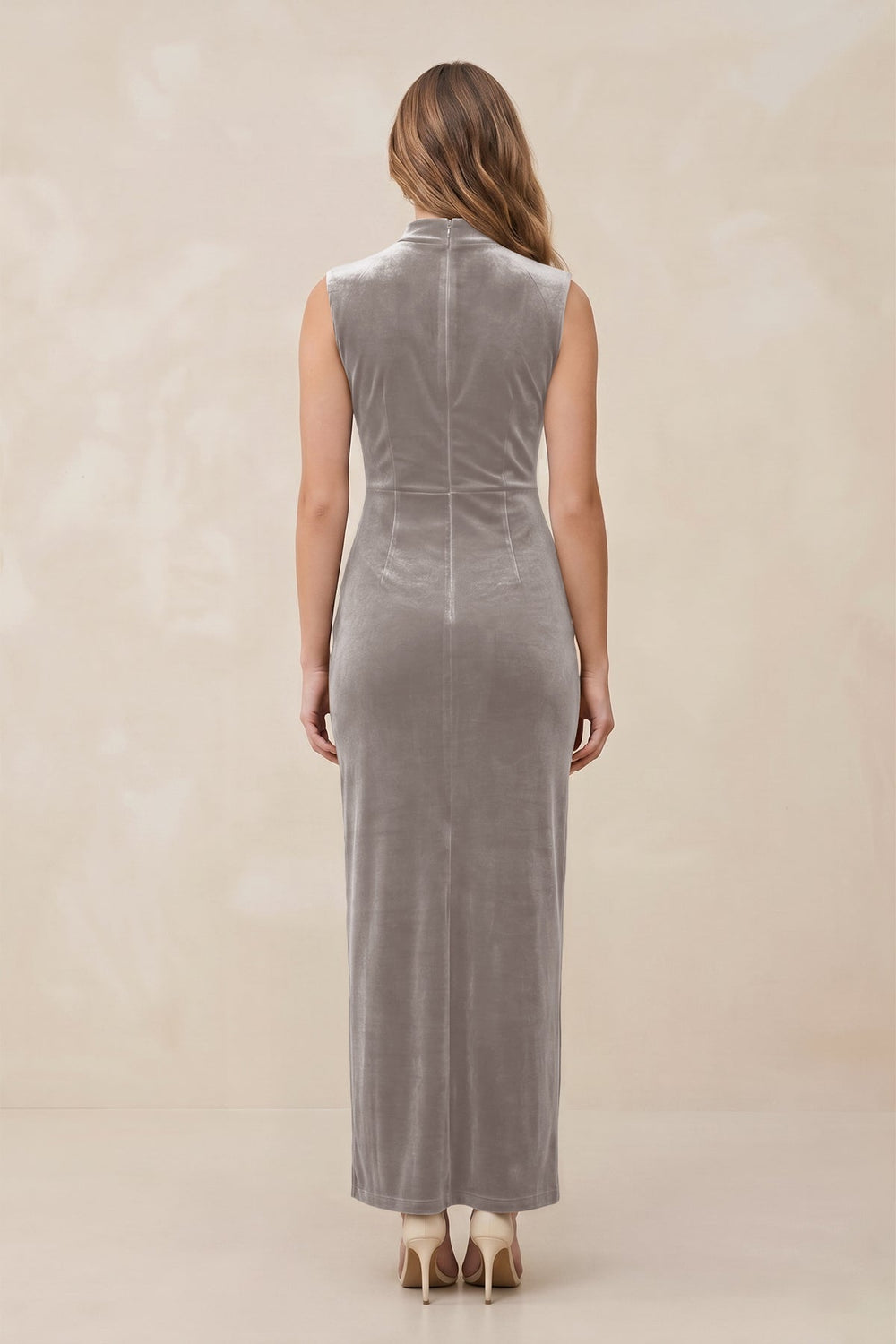 High Neck Sheath Velvet Bridesmaid Dress With Slit in Silver - KISS BRIDAL Bridesmaid Dresses