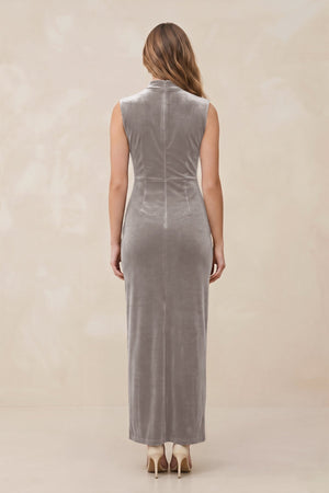 High Neck Sheath Velvet Bridesmaid Dress With Slit in Silver - KISS BRIDAL Bridesmaid Dresses