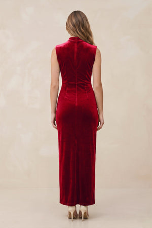 High Neck Sheath Velvet Bridesmaid Dress With Slit in Spice - KISS BRIDAL Bridesmaid Dresses