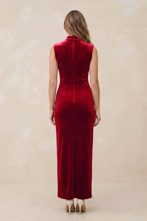 High Neck Sheath Velvet Bridesmaid Dress With Slit in Spice - KISS BRIDAL Bridesmaid Dresses