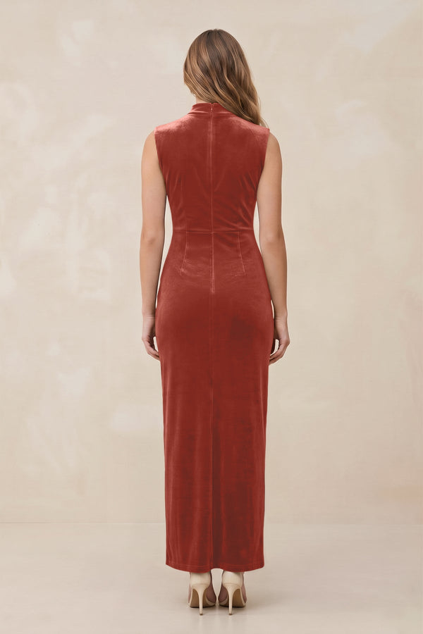 High Neck Sheath Velvet Bridesmaid Dress With Slit in Terracotta - KISS BRIDAL Bridesmaid Dresses