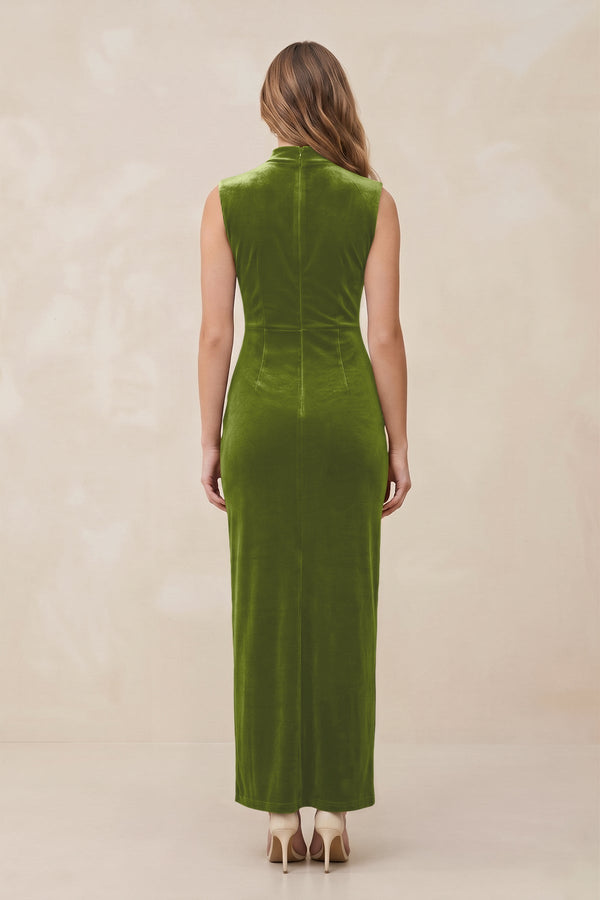 High Neck Sheath Velvet Bridesmaid Dress With Slit in Thyme - KISS BRIDAL Bridesmaid Dresses