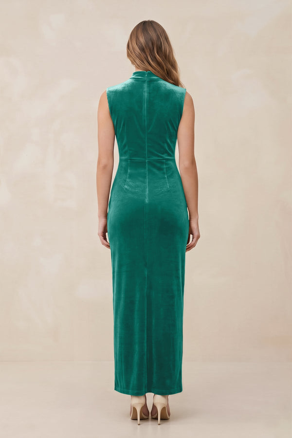 High Neck Sheath Velvet Bridesmaid Dress With Slit in Turquoise - KISS BRIDAL Bridesmaid Dresses