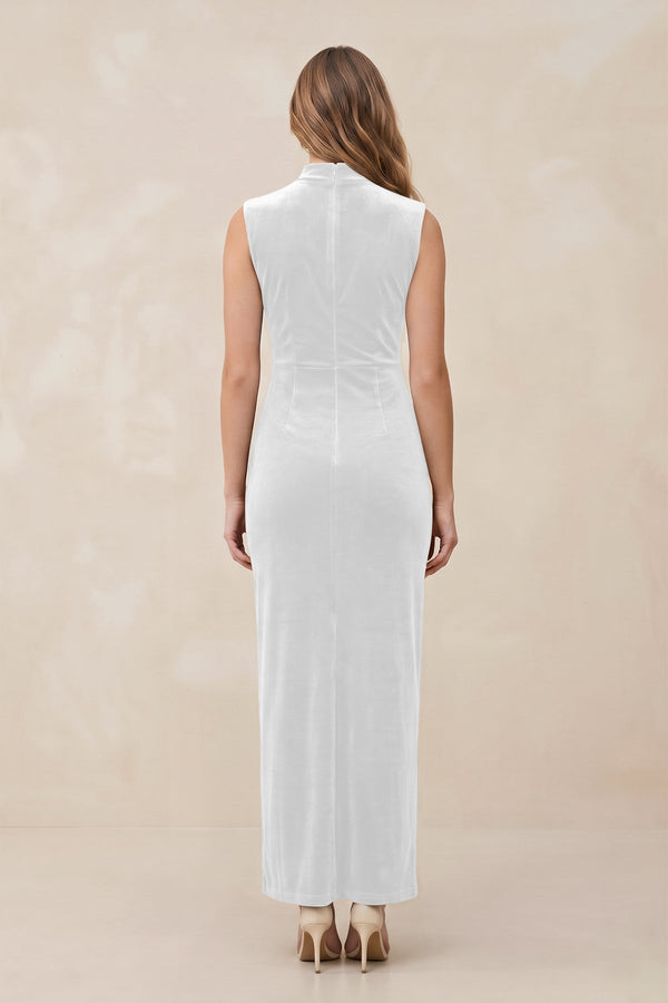 High Neck Sheath Velvet Bridesmaid Dress With Slit in White - KISS BRIDAL Bridesmaid Dresses