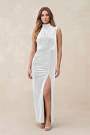 High Neck Sheath Velvet Bridesmaid Dress With Slit in White - KISS BRIDAL Bridesmaid Dresses