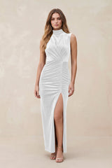 High Neck Sheath Velvet Bridesmaid Dress With Slit in White - KISS BRIDAL Bridesmaid Dresses
