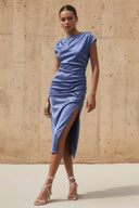 High - Neck Stretch Satin Midi Dress in Steel Blue - SHE IS ME