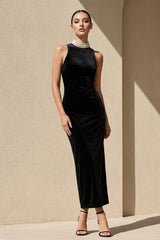 High Neck Velvet Midi Dress With Pearls in Black - KISS BRIDAL